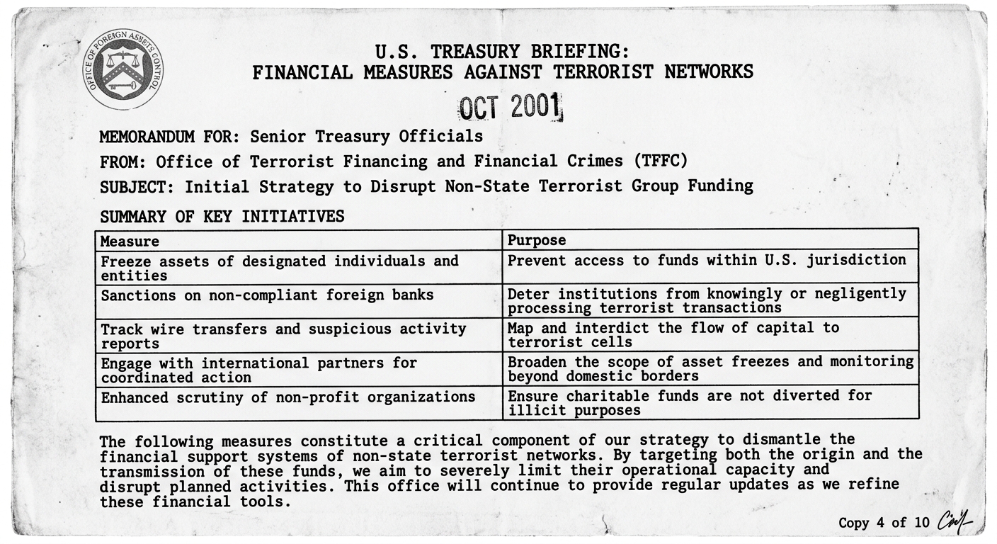 Black-and-white facsimile of a 2001 U.S. Treasury briefing sheet about using financial sanctions and asset freezes to disrupt terrorist funding, with a stamped date and a small table of measures and purposes.