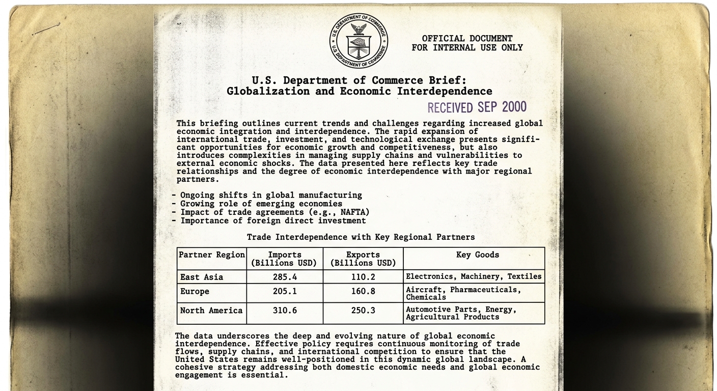 Black-and-white facsimile of a 2000 U.S. Department of Commerce briefing sheet on globalization showing a table of imports and exports with partner regions and notes about supply chains and competition.