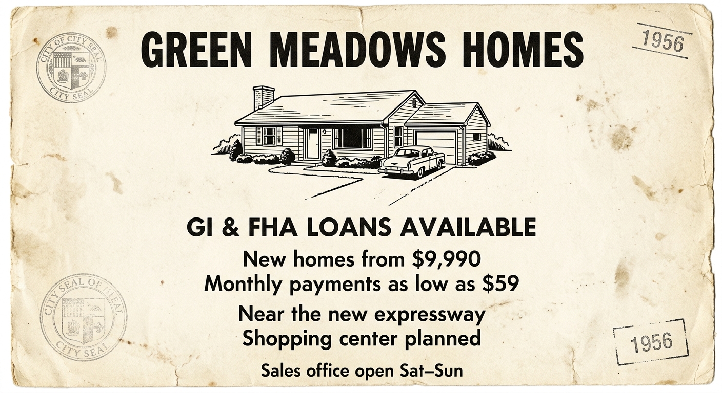 A 1956-style housing advertisement flyer titled 'Green Meadows Homes' offering GI and FHA loans, listing price and payment amounts, and noting it is near a new expressway, with a simple line drawing of a suburban house on aged paper.