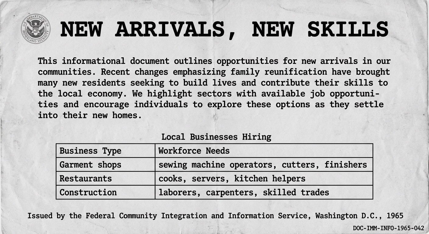 A black-and-white 1965-style informational poster titled 'New Arrivals, New Skills' with a small table listing local industries hiring and a short paragraph about immigration, family reunification, and jobs, on wrinkled photocopied paper.