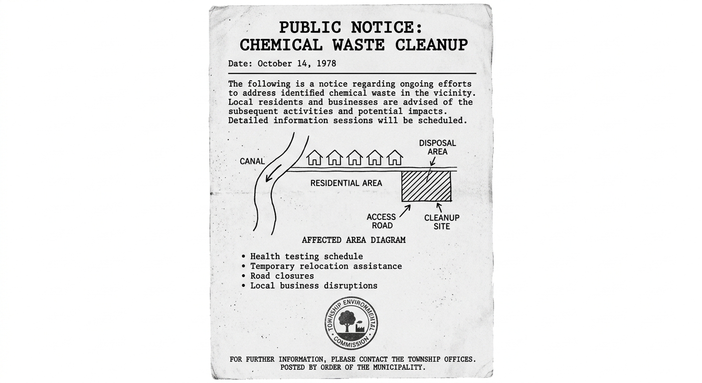 A black-and-white 1978 public notice flyer titled 'Public Notice: Chemical Waste Cleanup' with a simple map showing a canal, nearby houses, and a marked disposal area, plus bullet points about testing schedules, relocation assistance, road closures, and business disruptions.