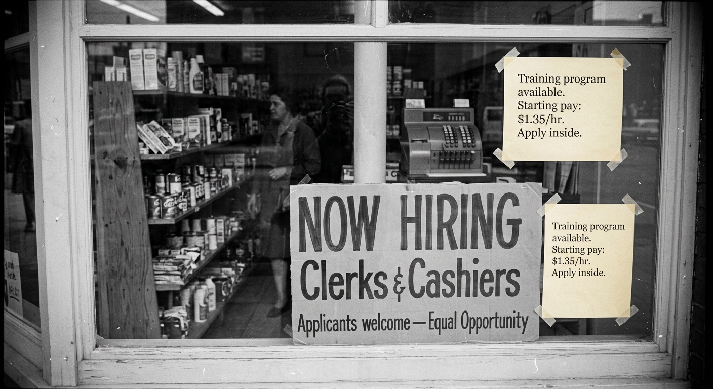 Black-and-white photo of a 1960s storefront window sign advertising jobs and an equal opportunity hiring notice with a listed starting hourly wage.