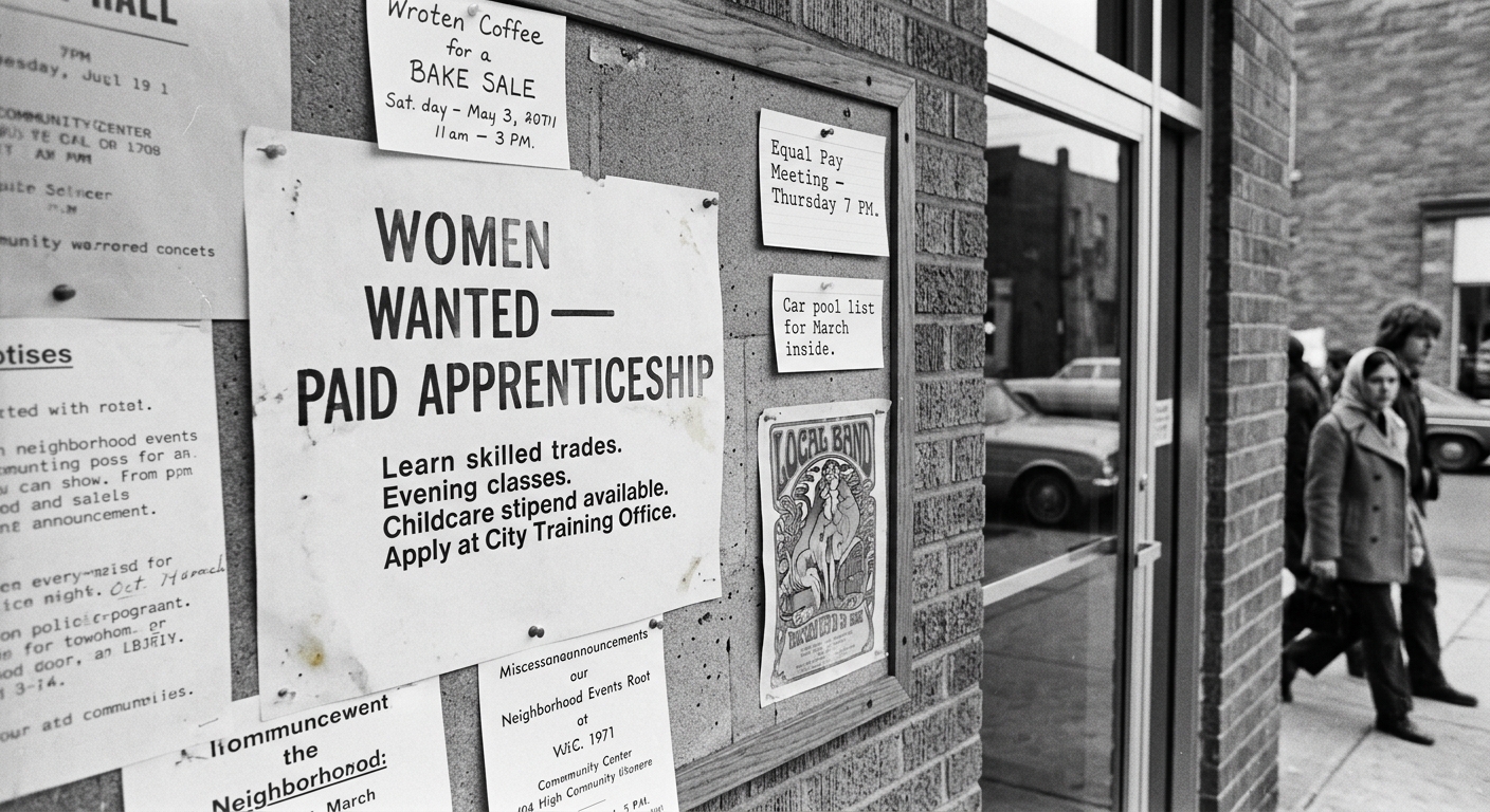 Black-and-white photo of a community bulletin board showing a flyer for a paid apprenticeship for women and a notice about an equal pay meeting.