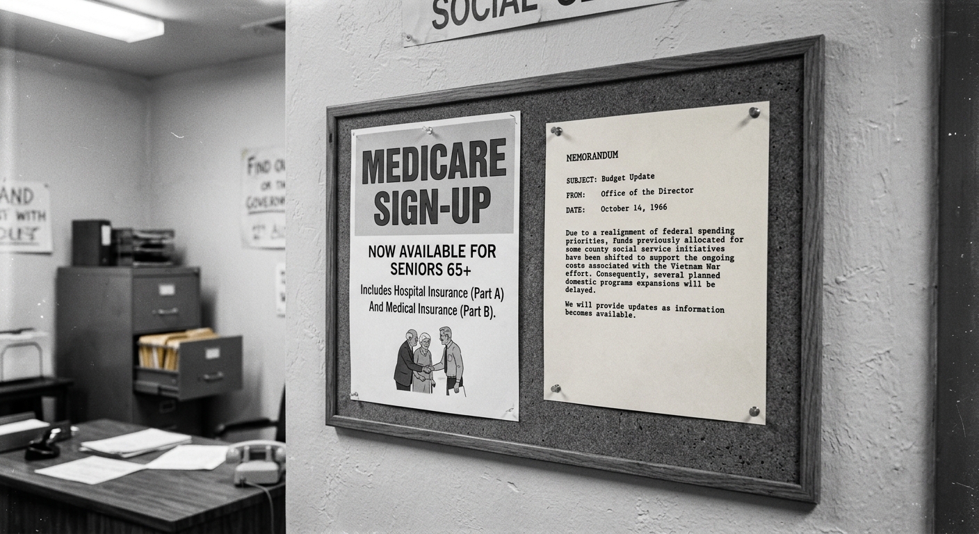 Black-and-white photo of a government office bulletin board with a Medicare sign-up poster and a memo about budget funds being shifted due to Vietnam War costs.