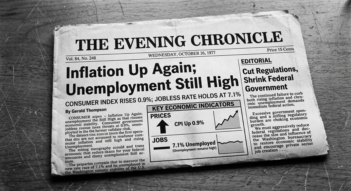 Black-and-white photo of a late-1970s newspaper clipping about inflation and unemployment with an editorial sidebar calling for less regulation and smaller federal government.