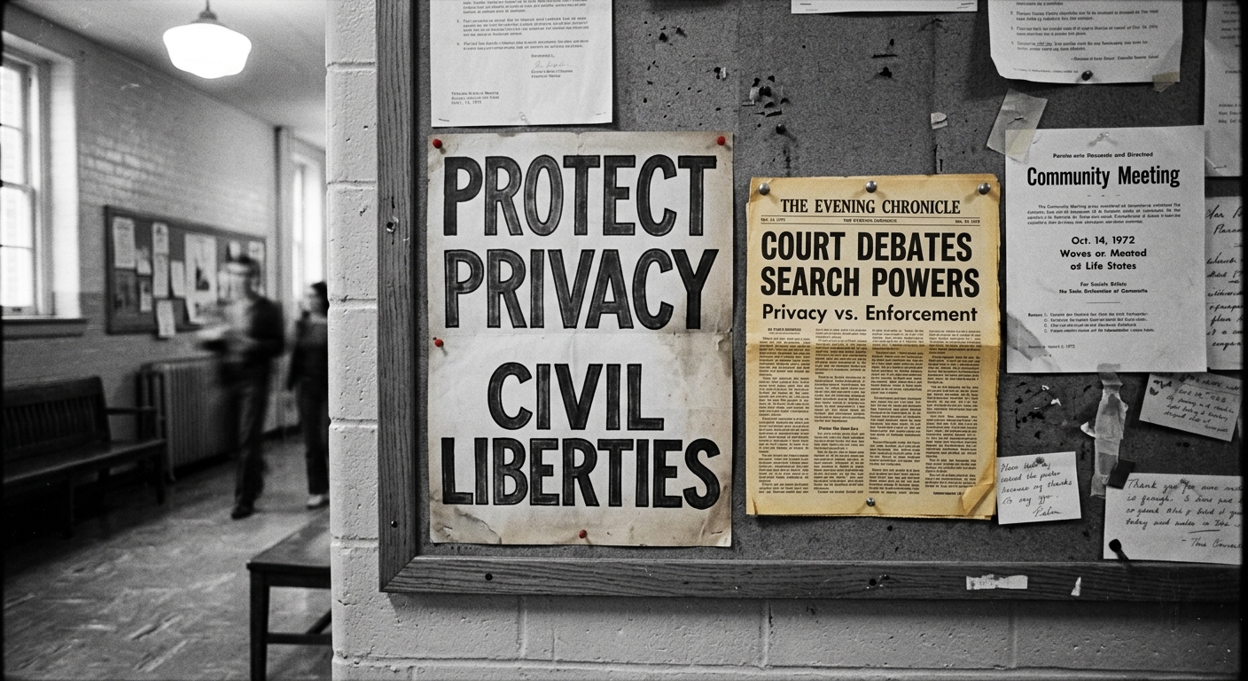 Black-and-white photo of a bulletin board with a 1970s civil liberties poster and a newspaper clipping about search powers and privacy.