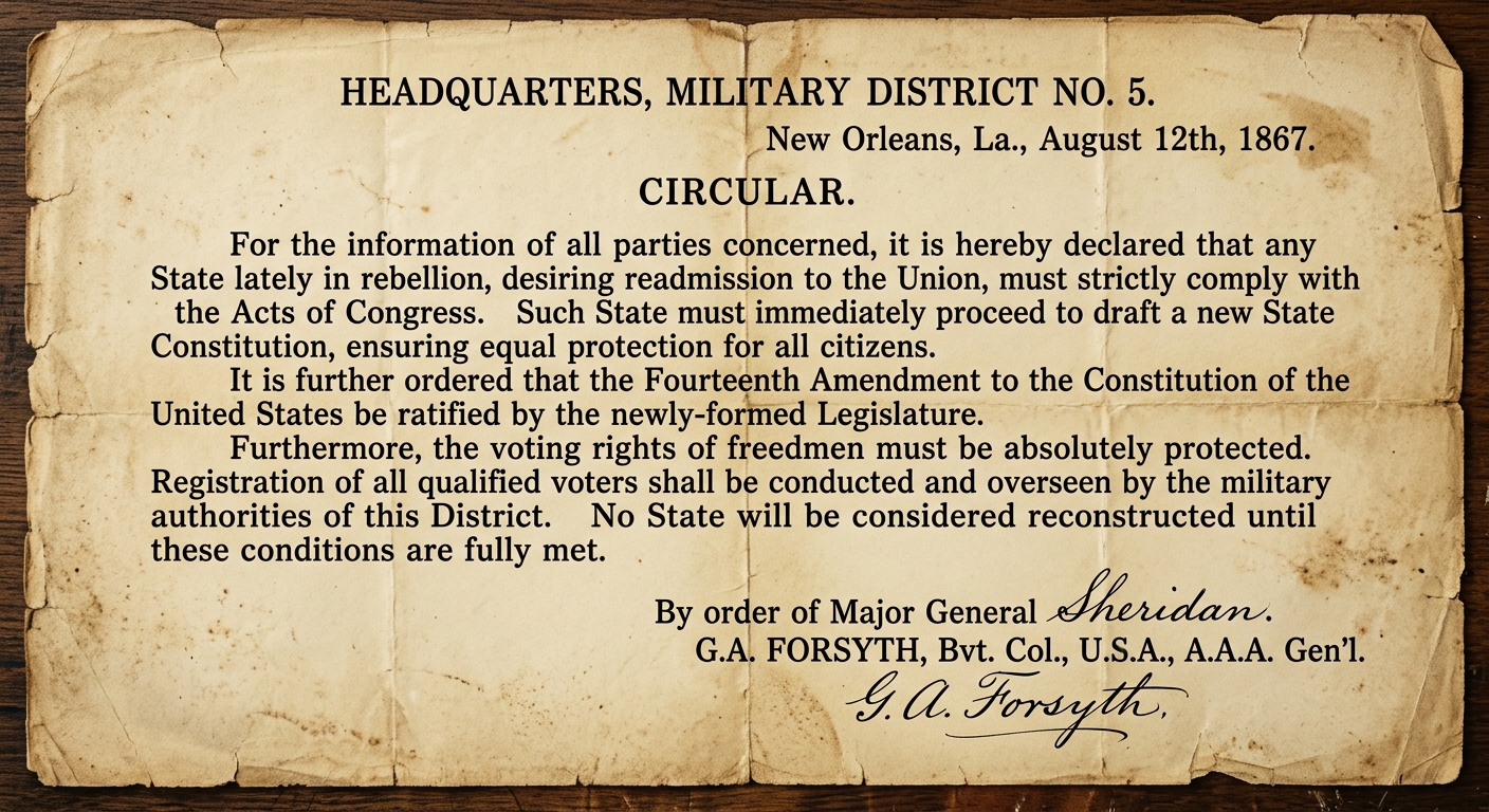 Facsimile of an 1867 Reconstruction military circular listing conditions for a Southern state to rejoin the Union, including a new constitution, ratifying the Fourteenth Amendment, and protecting voting rights.