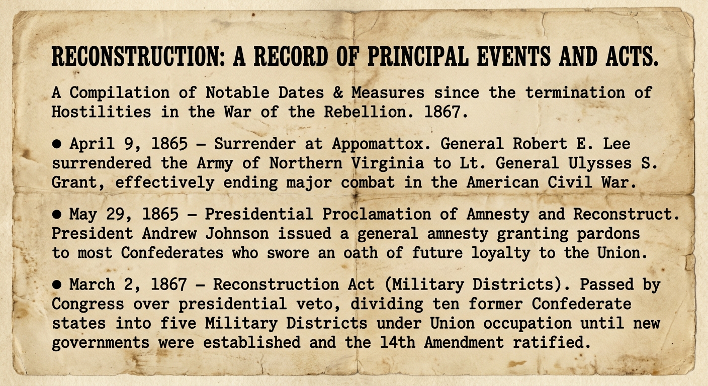 Facsimile of an 1867 timeline-style notice listing dated Reconstruction milestones from 1865 to 1867, used to support chronological reasoning about changing Reconstruction policies.