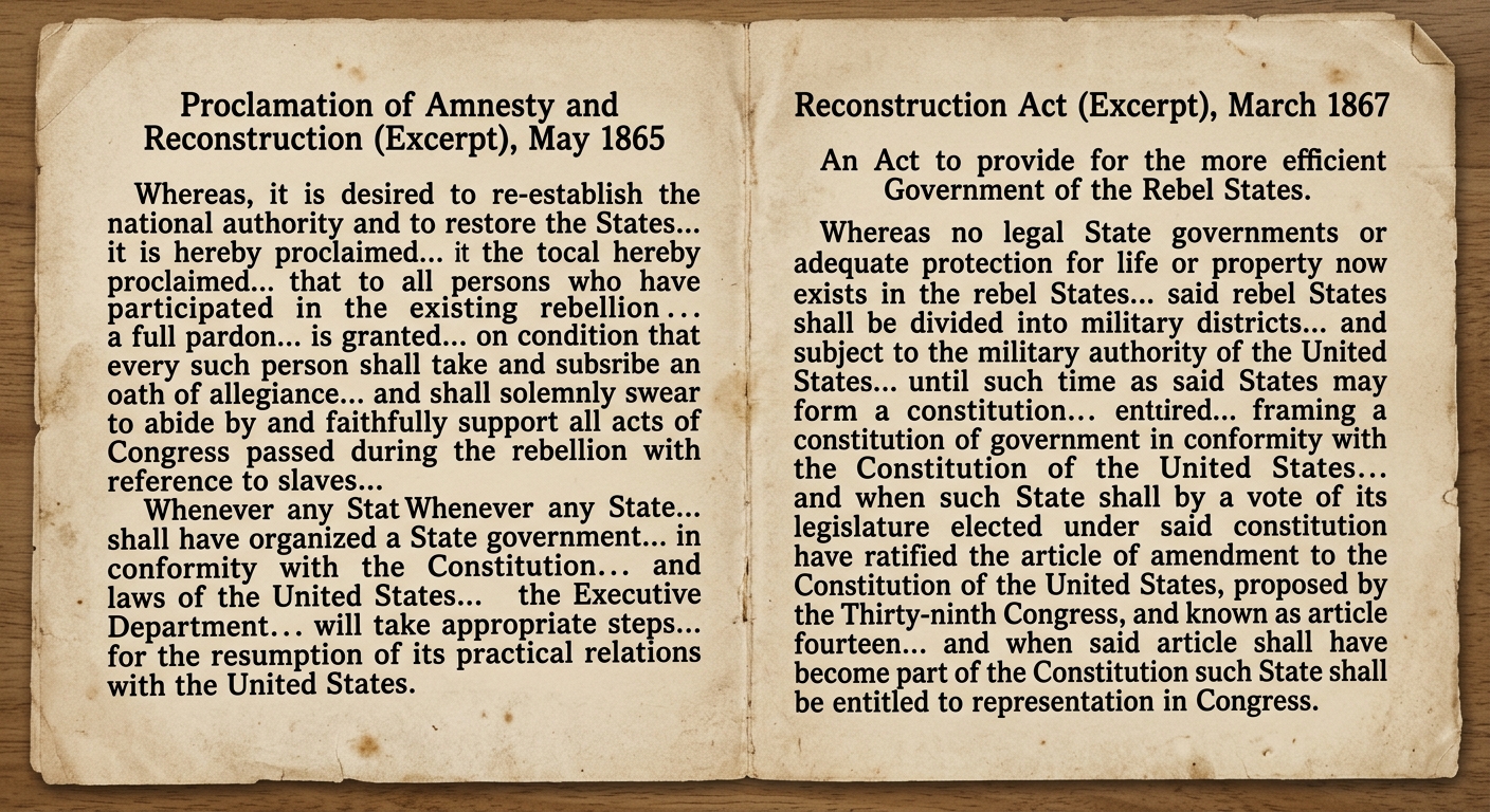 Facsimile showing two side-by-side excerpts: a May 1865 presidential Reconstruction proclamation and a March 1867 congressional Reconstruction act, allowing comparison of how policies changed during Reconstruction.