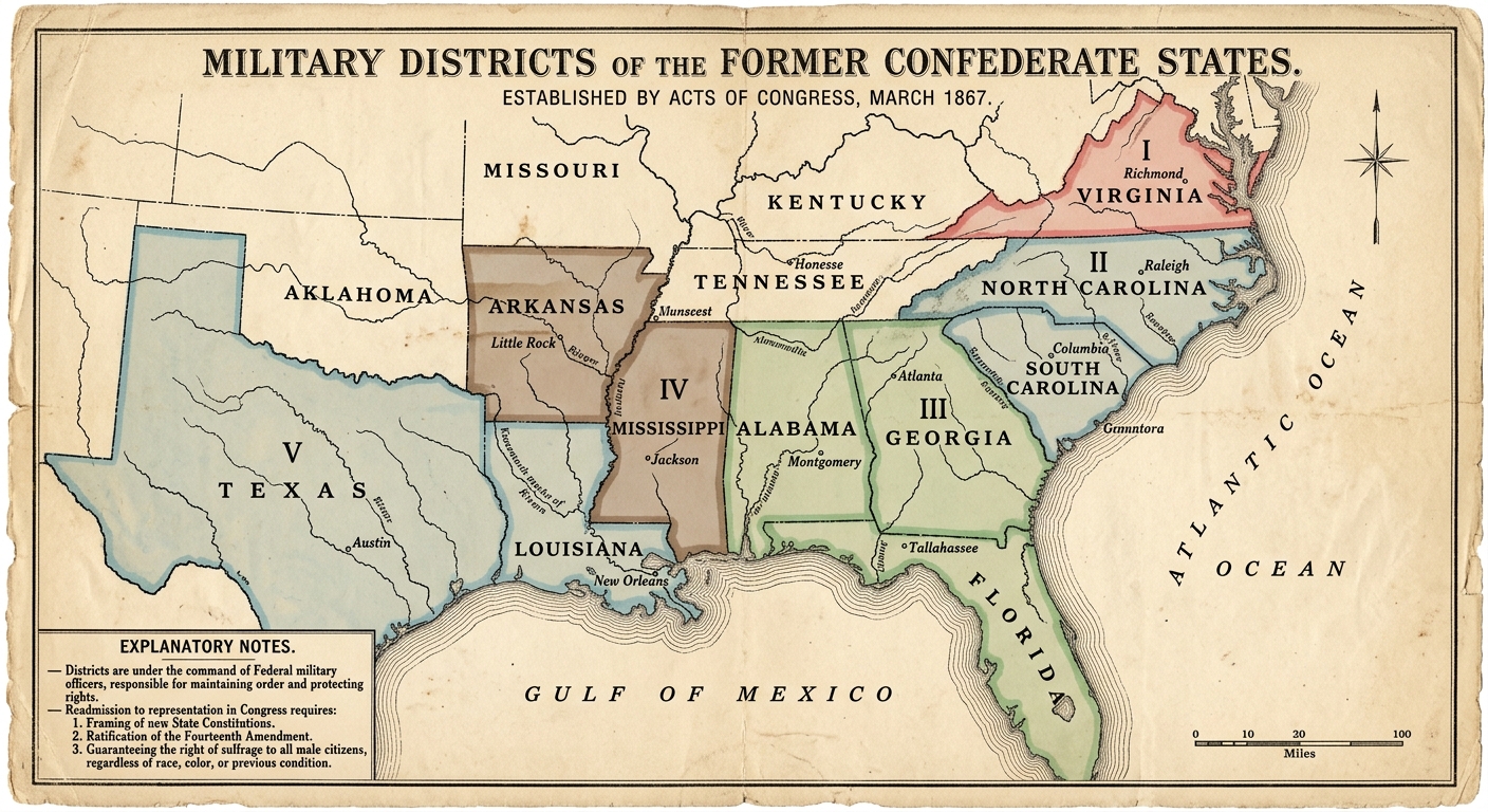 Reconstruction-era map titled 'Military Districts of the Former Confederate States' showing Southern states grouped into numbered military districts with a legend about federal oversight and conditions for readmission.