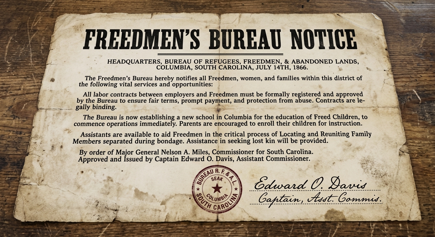 Aged one-page Reconstruction-era broadside titled "Freedmen’s Bureau Notice" dated 1866, with a bold heading, short paragraphs, a small stamped seal, and a signature line.