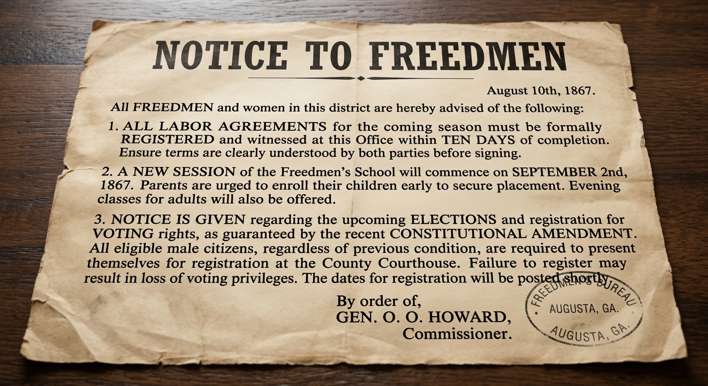 Aged 1867 handbill titled "Notice to Freedmen" with a numbered list of provisions, an ink stamp, and an official signature line.