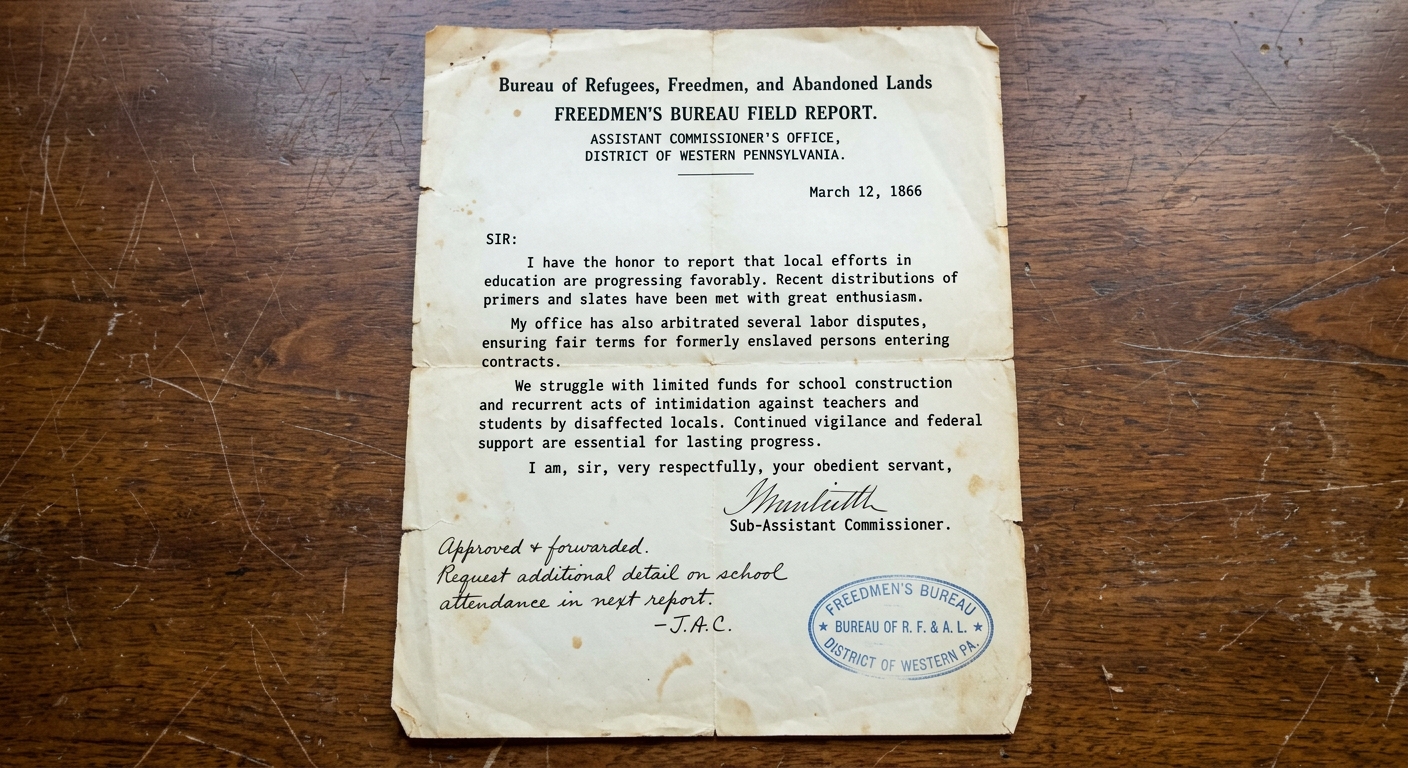 Aged 1866 memo titled "Freedmen’s Bureau Field Report" describing aid provided and obstacles faced, with a stamped seal and a handwritten note in the margin.