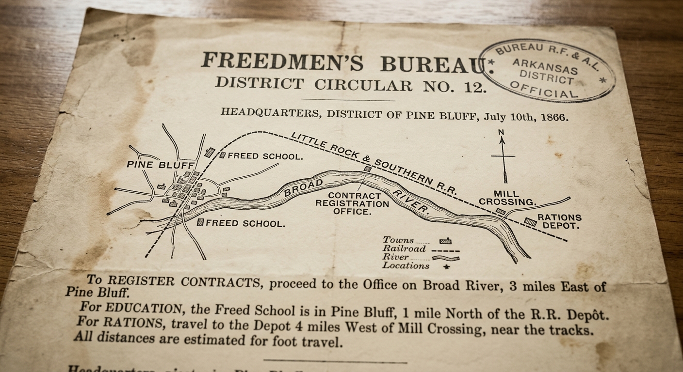 Aged 1866 Freedmen’s Bureau circular with a simple map showing towns, a river, a railroad, and labeled sites for contract registration, a school, and a rations depot.