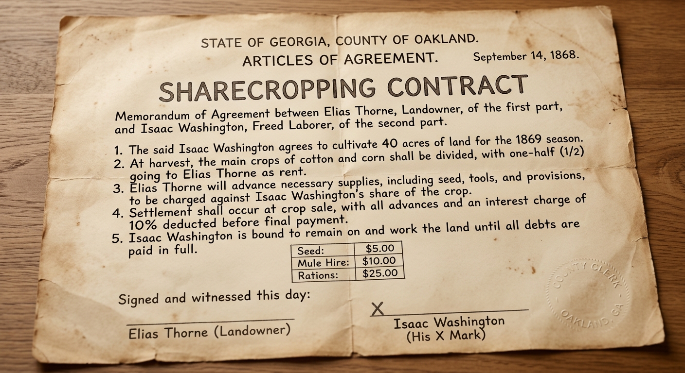 Aged 1868 sharecropping contract with numbered clauses about crop division, supply debts, and settlement at harvest, plus a small table of costs and signature lines.