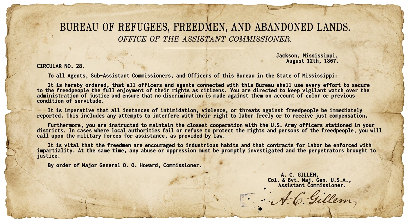 Fictional Freedmen’s Bureau circular dated August 12, 1867, from Jackson, Mississippi, on aged paper, urging protection of freedpeople’s rights and reporting intimidation or violence.