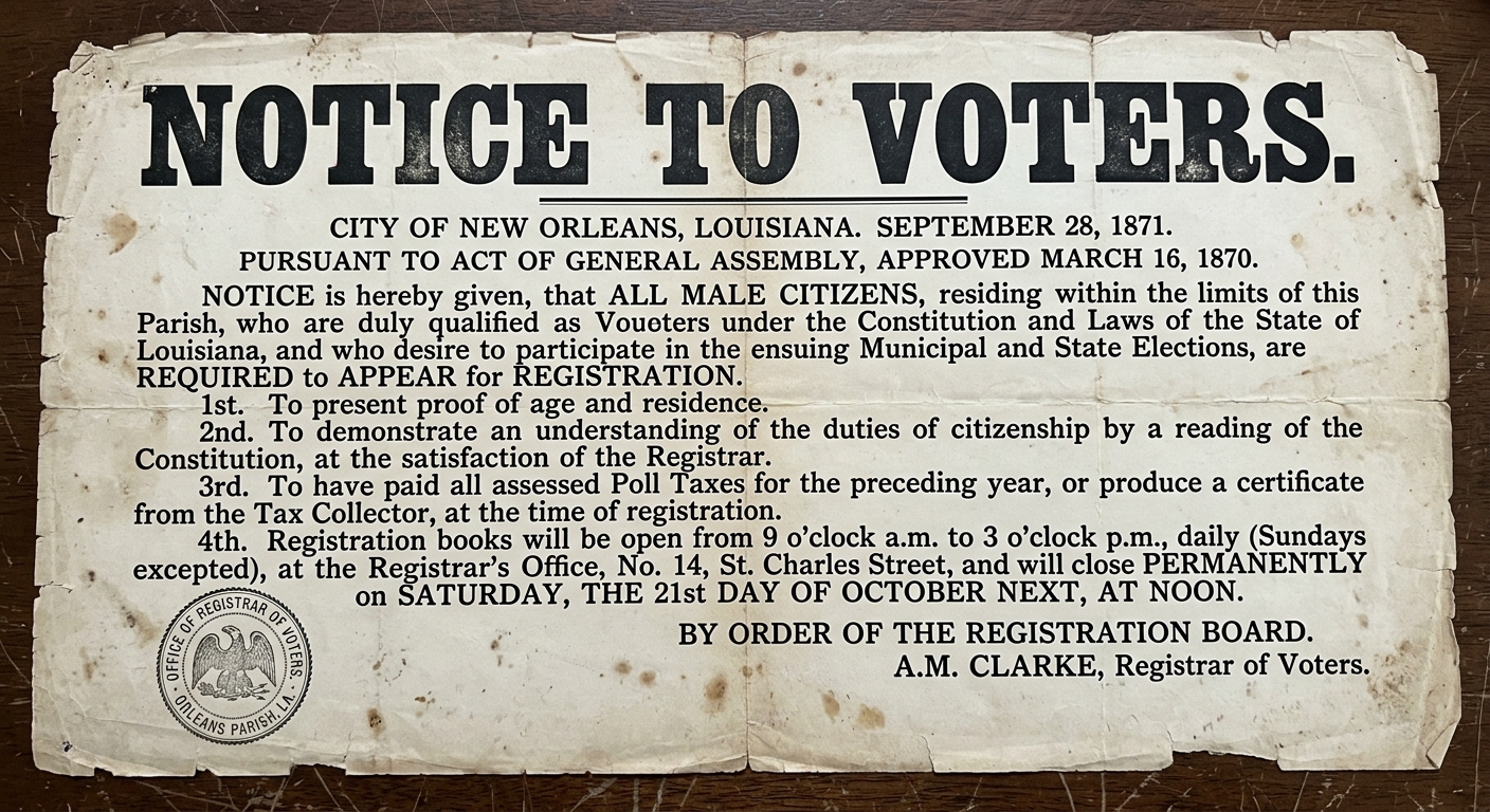 Fictional Reconstruction-era public notice dated 1871 announcing voter registration rules that could restrict voting, printed on aged paper with bold title and official stamp.