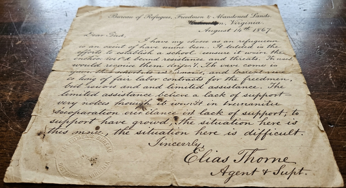 Fictional 1867 handwritten letter on aged paper describing efforts to open a school for freedpeople and reporting intimidation with limited federal support.