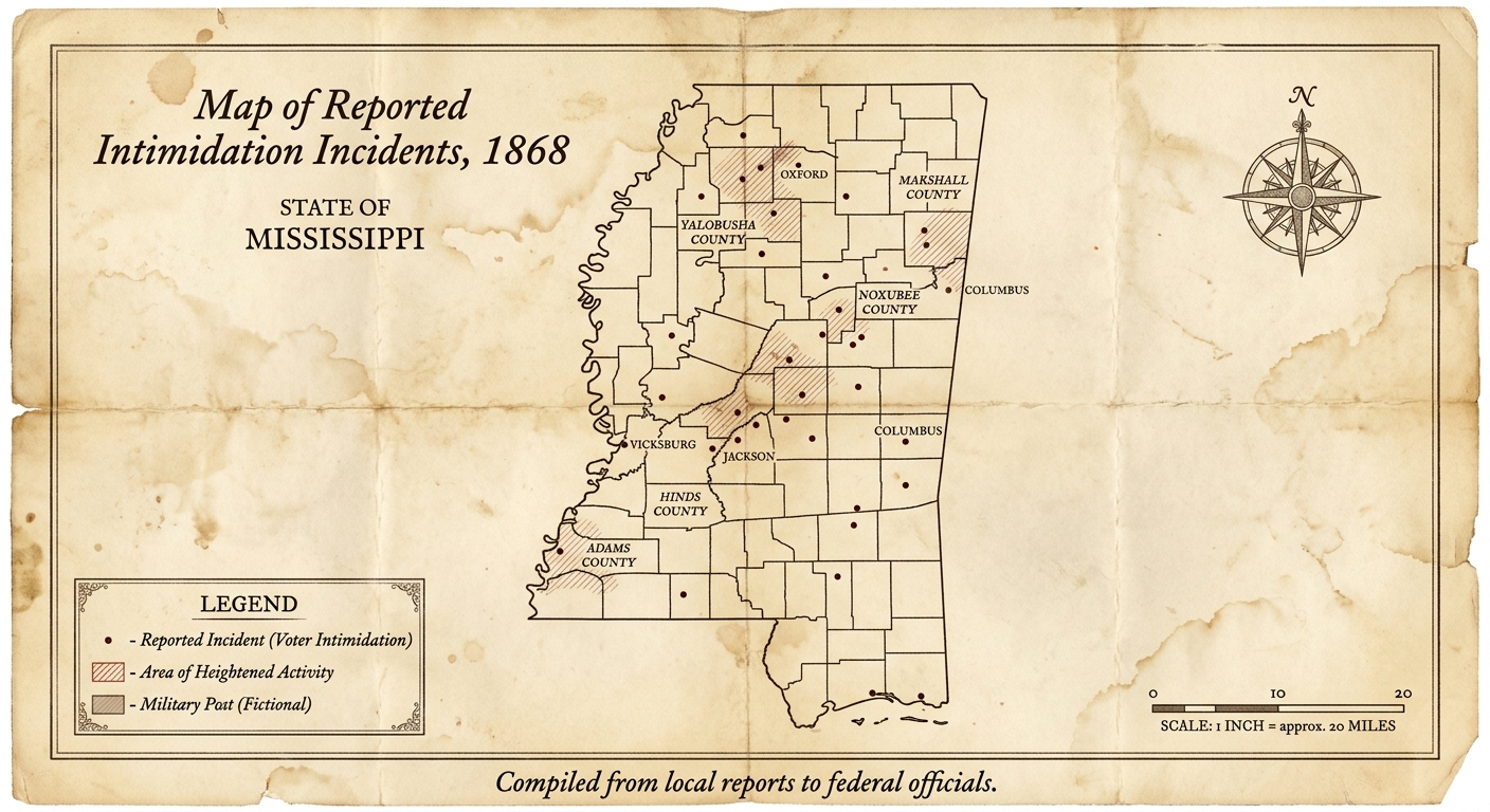 Fictional 1868 map of Mississippi on aged paper showing marked locations of reported intimidation incidents, with legend and compass rose.