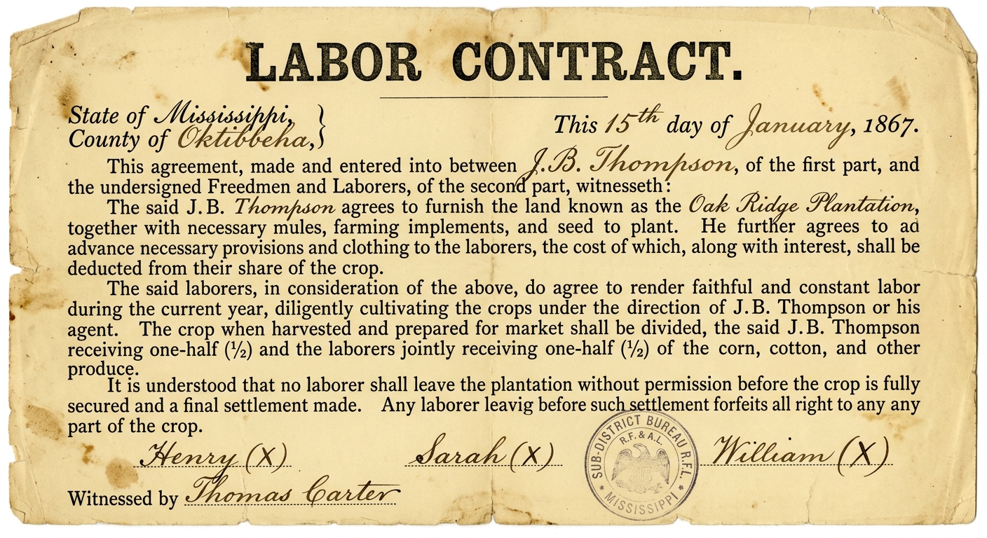 Fictional 1866 sharecropping labor contract on aged paper stating crop-share terms, supply debts, and signatures.