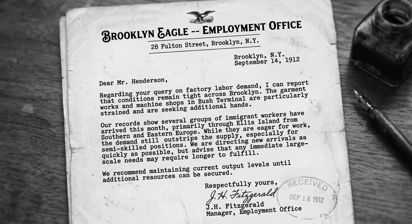 Black-and-white archival-style image of a typed 1910 employment office letter from Brooklyn, New York, about factory labor demand and immigrant workers.