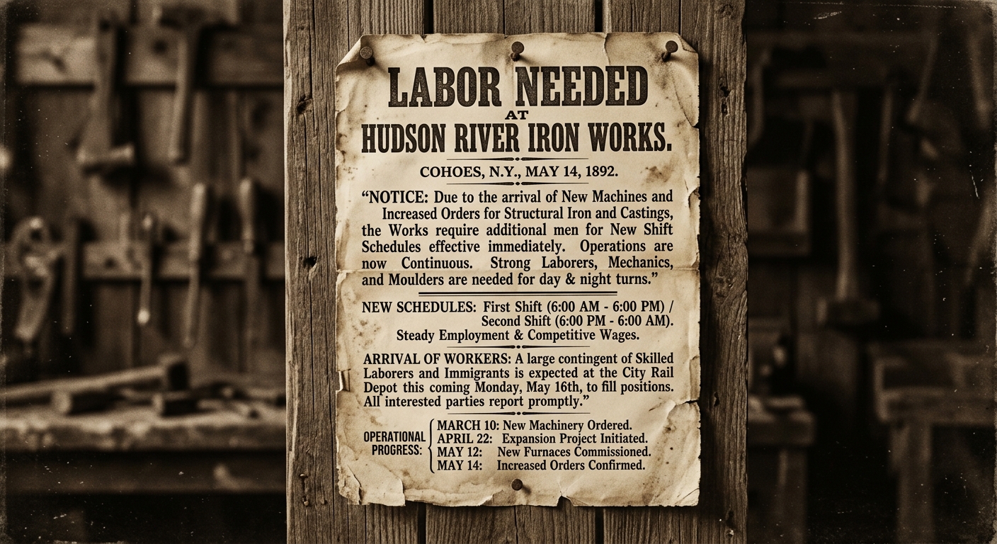 Sepia-toned 1892 broadside titled 'Labor Needed at Hudson River Iron Works' describing increased factory shifts and worker arrivals, with several dates listed.