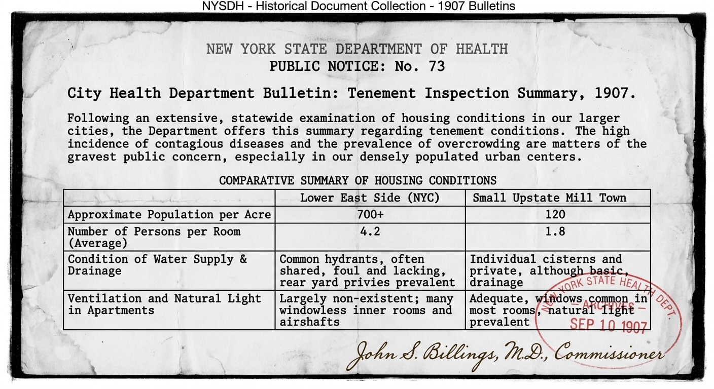 Black-and-white archival-style 1907 health department bulletin comparing tenement conditions in New York City and a small upstate mill town.