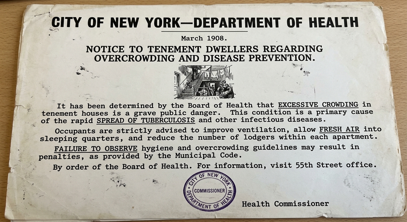 A scanned-looking 1908 New York City Department of Health notice about crowded tenements and preventing disease, with an official seal and a small sketch of a crowded stairwell.