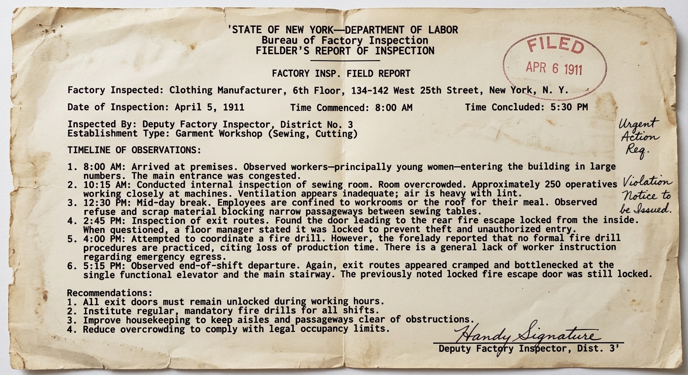 A scanned-looking 1911 New York State Department of Labor factory inspector field report with time-stamped observations and a filed stamp.