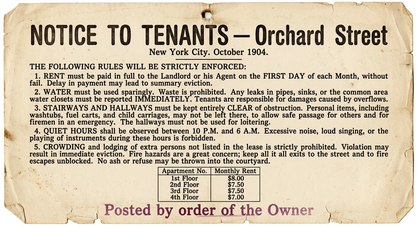 A scanned-looking 1904 New York City tenement rent notice and house rules posting warning about overcrowding and fire hazards.