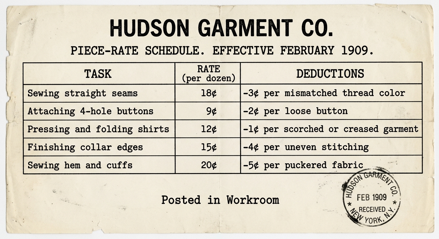 A clear, high-contrast 1909 piece-rate schedule notice from a New York City garment workshop showing a table of tasks, pay rates per dozen, and deductions.