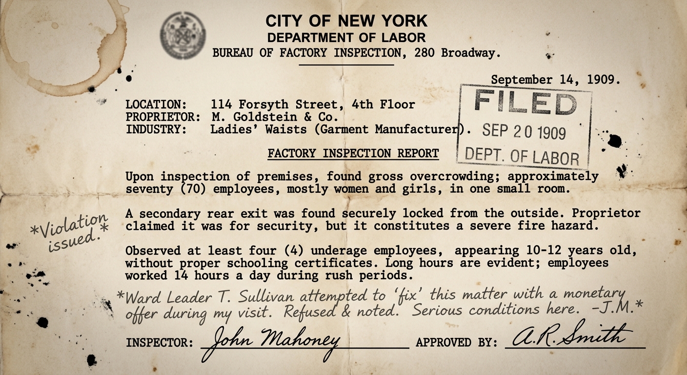 Black-and-white scanned document titled "Factory Inspection Report" dated 1909, with typed paragraphs, a Department of Labor stamp, pencil notes, and a signature line.