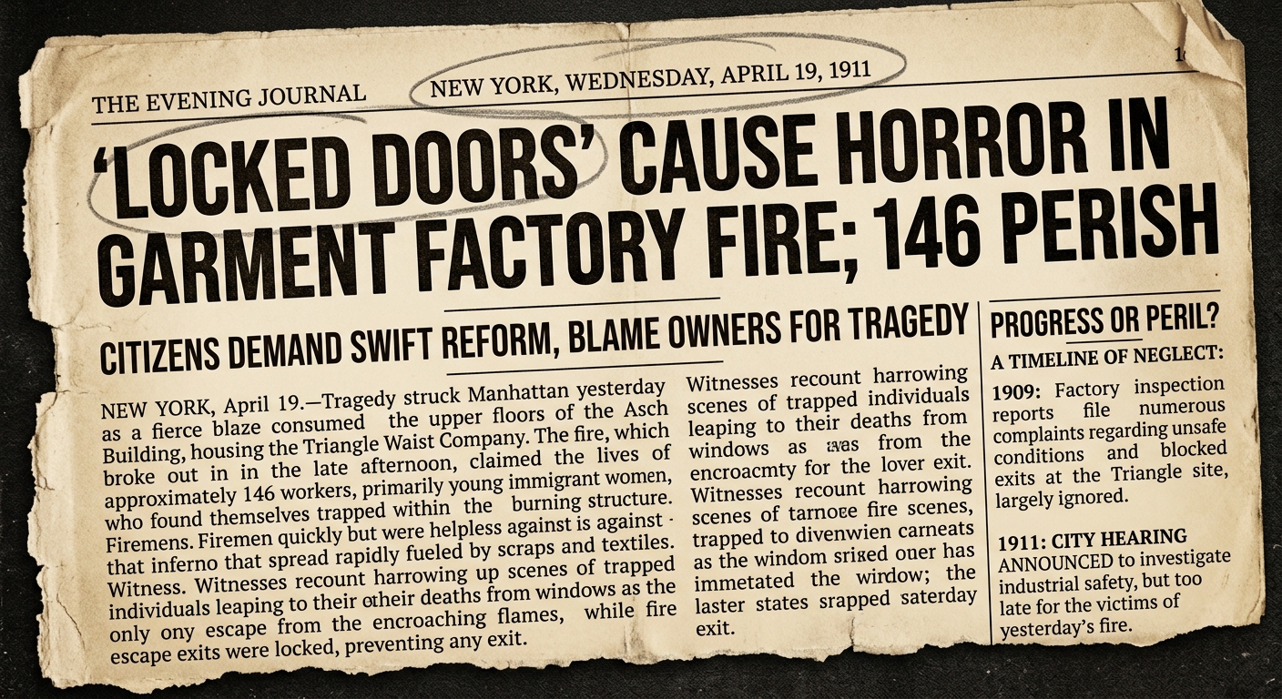 Sepia-toned 1911 New York newspaper clipping about a garment factory fire, with a dateline, two text columns, and a small sidebar noting 1909 complaints and a 1911 city hearing.