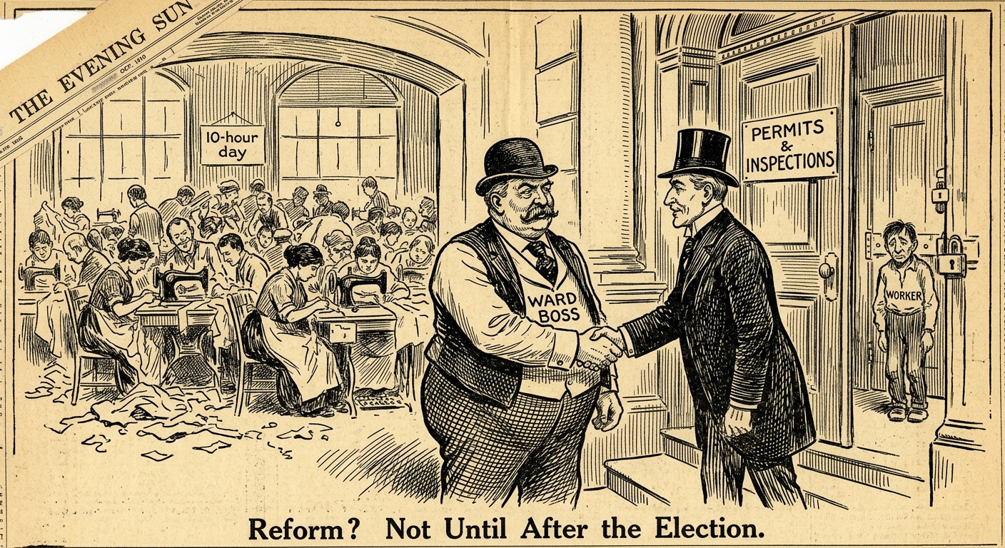 Black-and-white 1910 political cartoon showing a ward boss and factory owner outside a door labeled inspections, with a crowded sweatshop and workers in the background and the caption "Reform? Not Until After the Election."