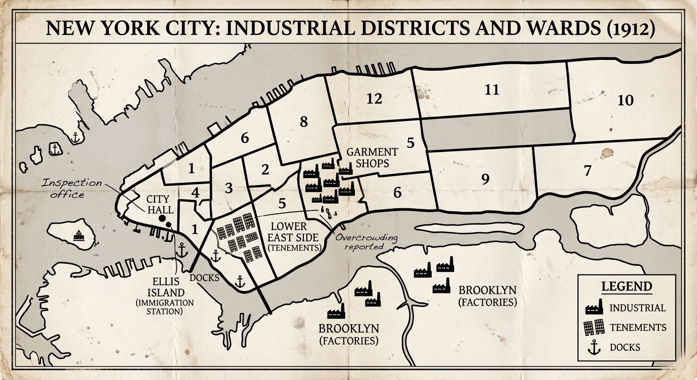 Sepia municipal map labeled "New York City: Industrial Districts and Wards (1912)" showing ward boundaries, tenement areas, factories, docks, and a legend.