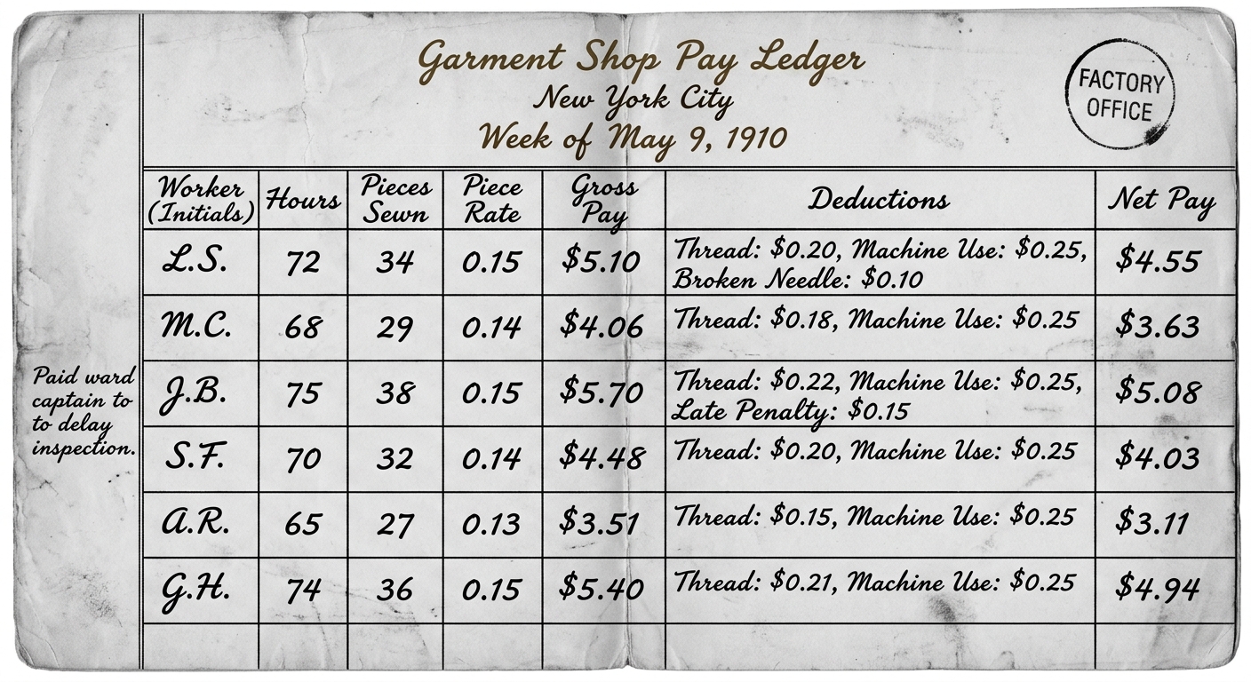 Black-and-white scanned payroll ledger page dated 1910 showing hours, piece-rate sewing work, deductions, and a handwritten note about paying a ward captain to delay inspection.
