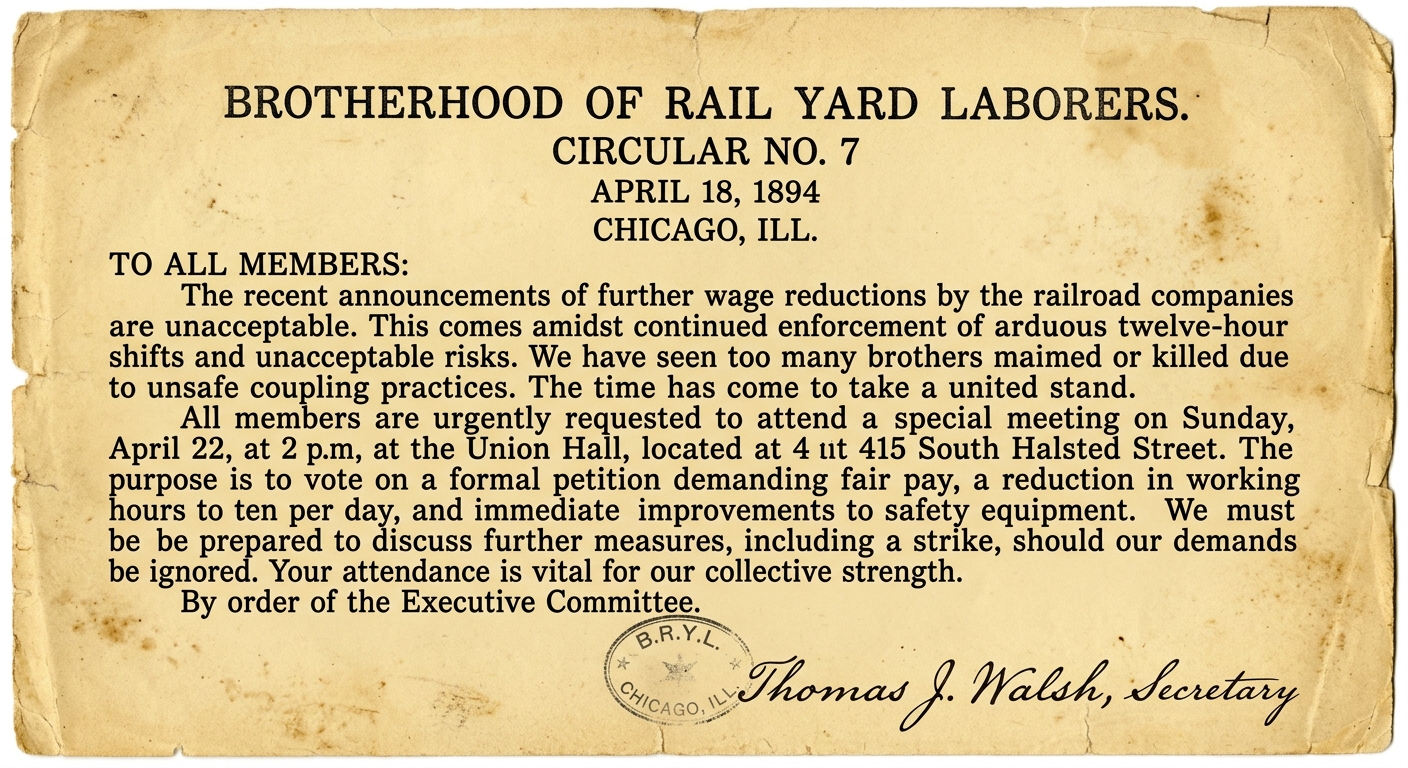Sepia-toned 1894 union circular from Chicago rail yard workers listing wage cuts, long hours, unsafe conditions, and calling members to a meeting to petition the company.