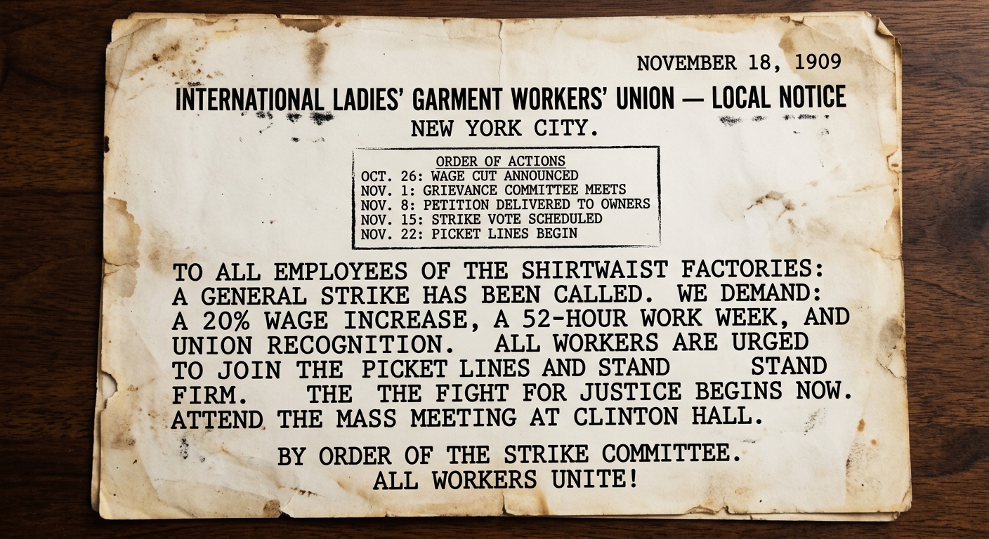 Sepia-toned 1909 garment workers union notice listing dated steps from a wage cut to a petition, strike vote, and picketing in New York City.