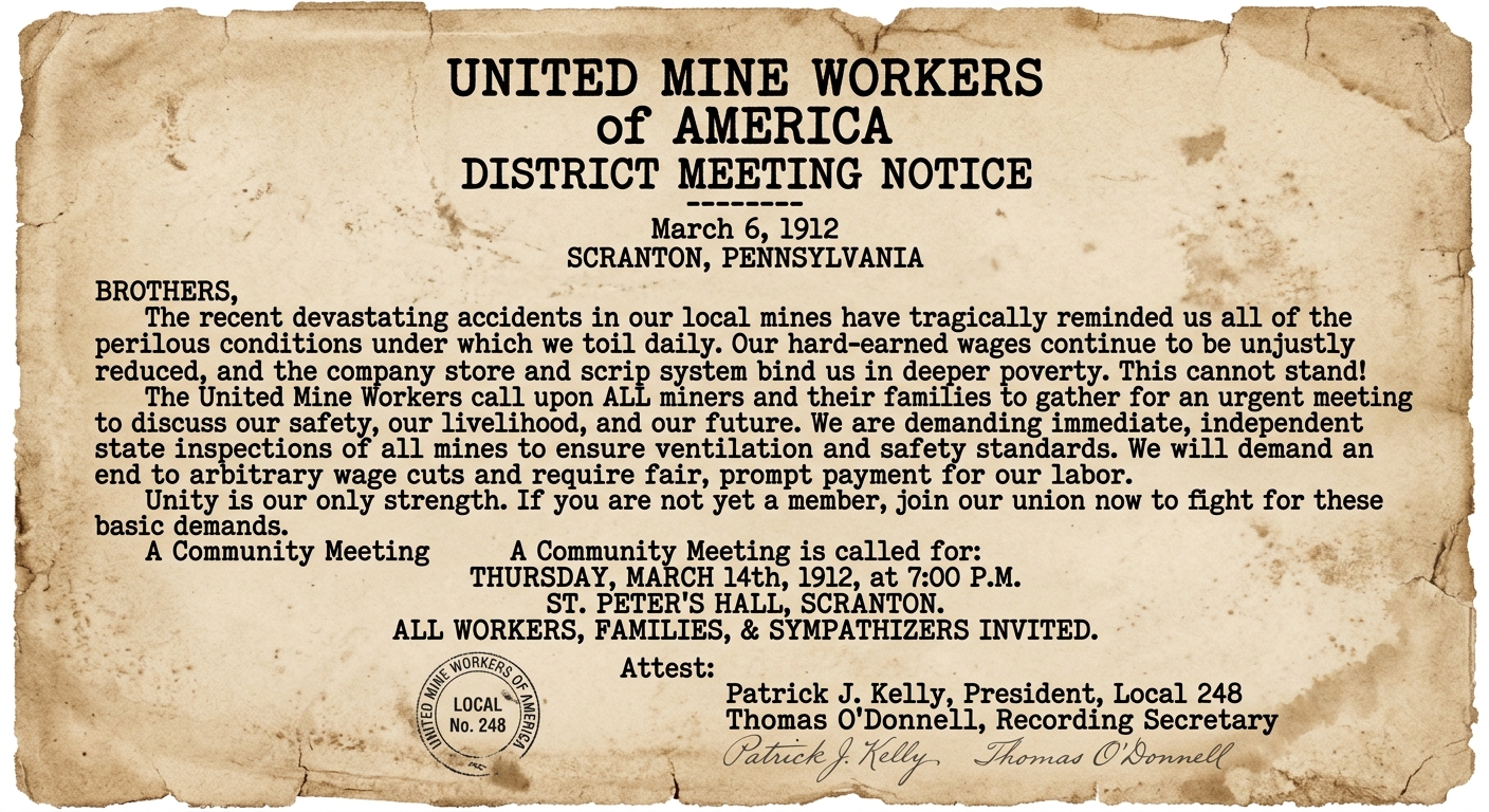Sepia-toned 1912 United Mine Workers meeting notice from Scranton listing safety concerns, wage issues, and plans to organize for better conditions.