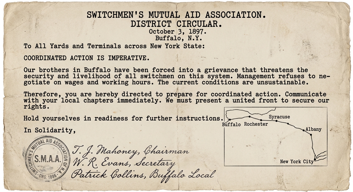 Sepia-toned 1897 railroad union circular from Buffalo with a simple route map showing Buffalo, Rochester, Syracuse, Albany, and New York City and calling for coordinated action at rail yards.