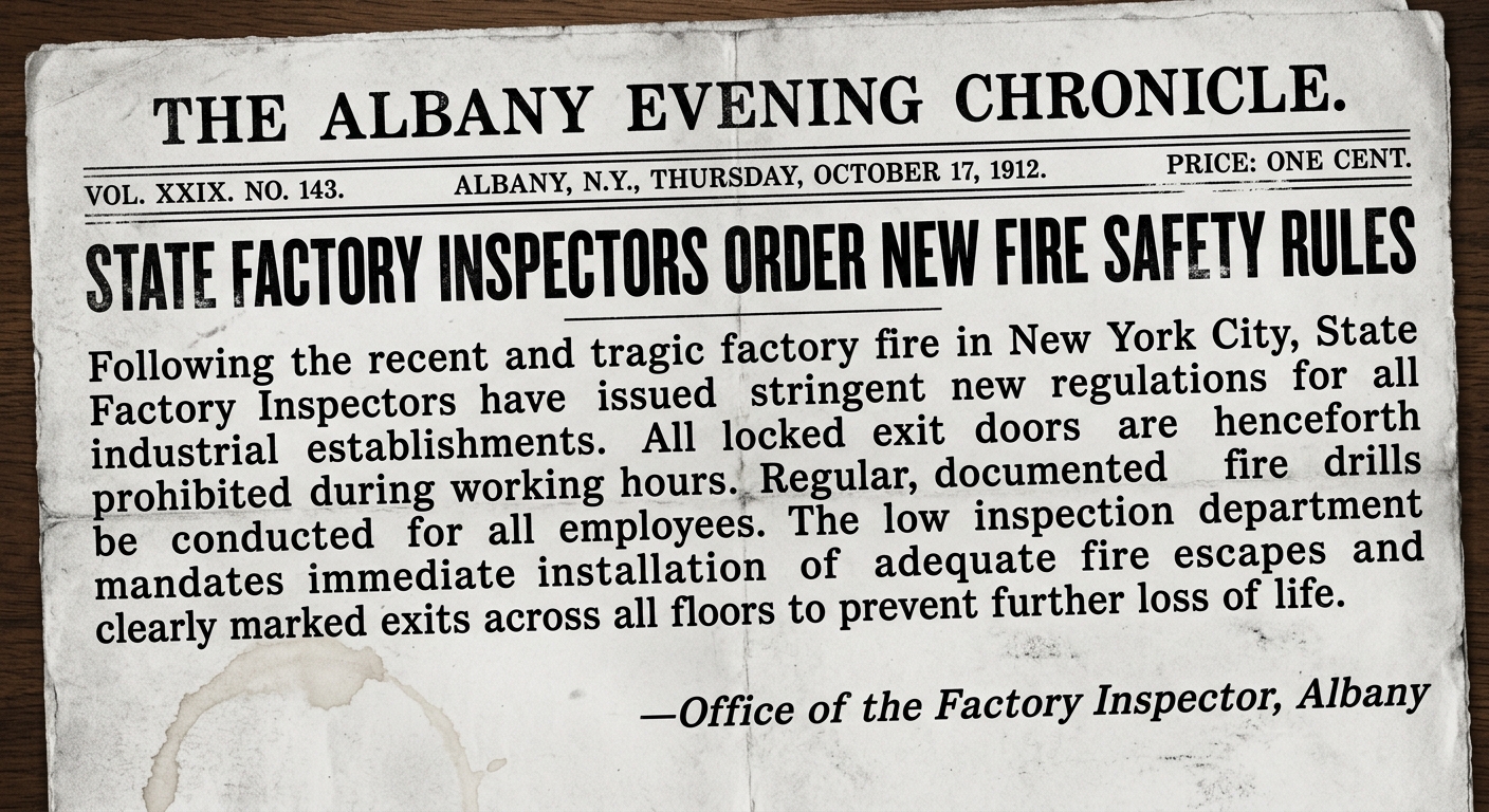 Black-and-white scanned 1912 newspaper-style notice about New York fire safety rules for factories, mentioning unlocked exits, fire drills, and inspections.