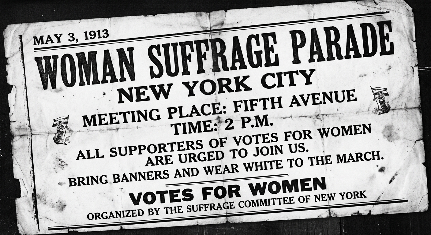 Black-and-white scanned 1913 flyer announcing a woman suffrage parade in New York City with the slogan "Votes for Women."