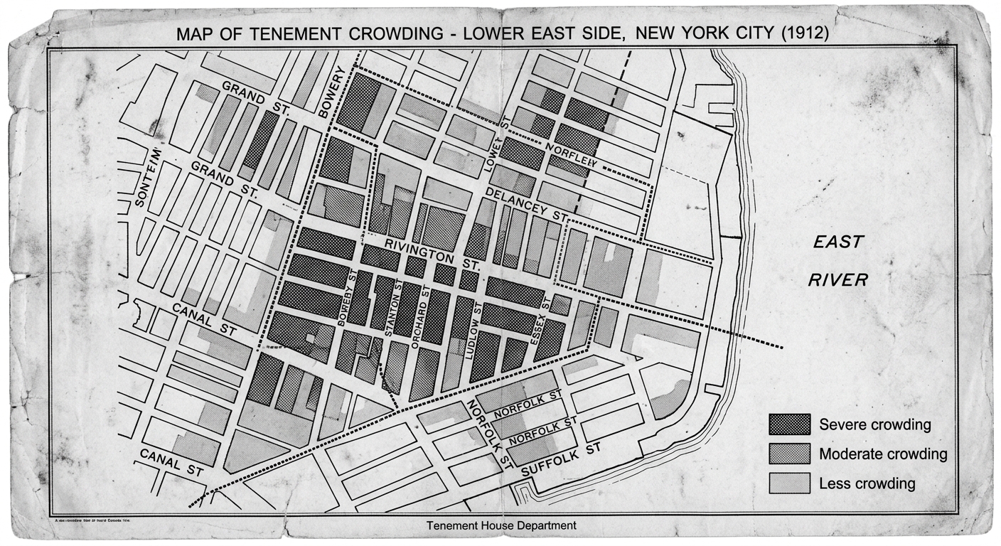 Black-and-white 1912 map of tenement crowding in New York City’s Lower East Side with a legend showing severe, moderate, and less crowding.