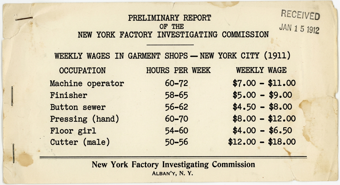 Black-and-white scanned 1911 table listing garment shop occupations, weekly hours, and low weekly wages from a New York investigating commission report.