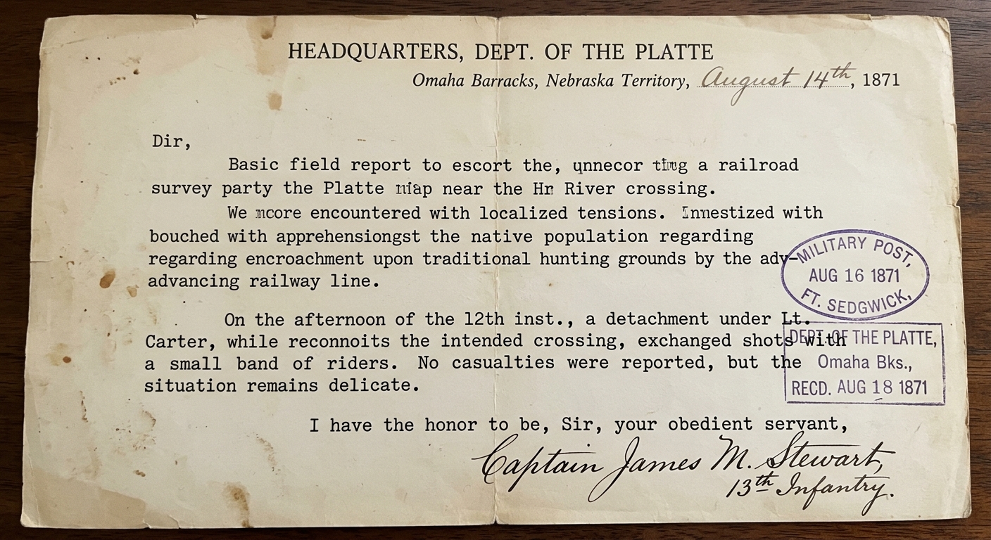 Sepia-toned 1871-style U.S. Army field report describing escorting a railroad survey party and rising conflict near a river crossing.