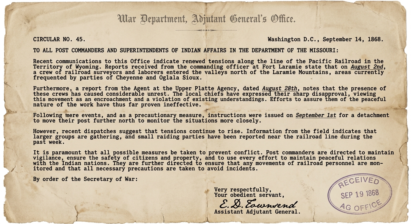 Sepia-toned scan of an 1868 U.S. government circular noting dates of events tied to westward expansion and rising conflict.