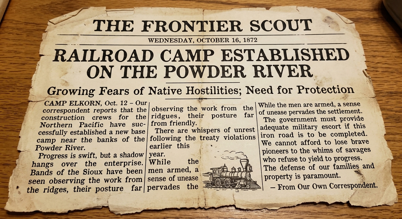Aged 1872 newspaper clipping about a railroad camp and rising tensions with a nearby Native community.