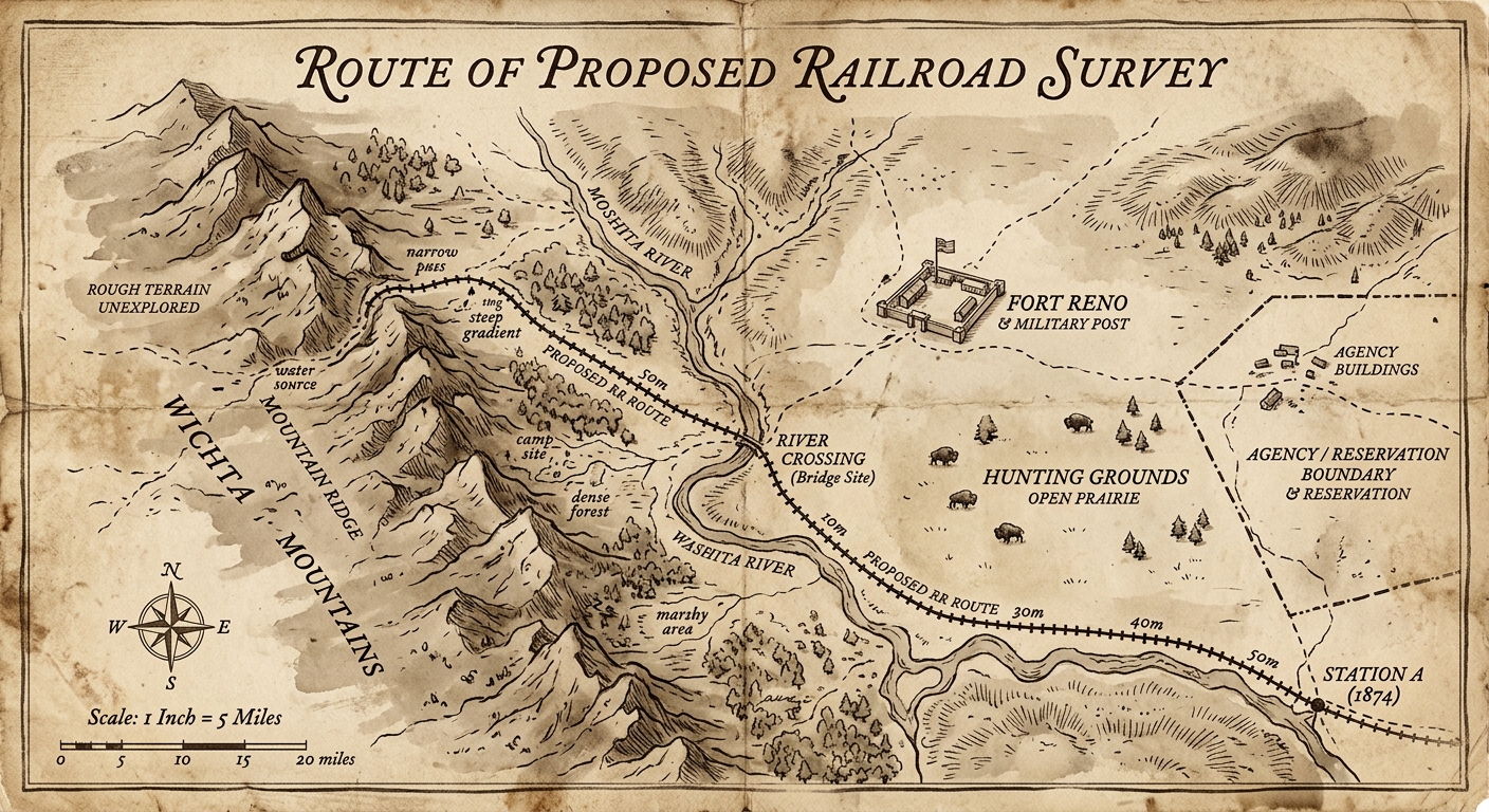 Hand-drawn 1870s-style map showing a proposed railroad survey route, a river crossing, a fort, and nearby hunting grounds and boundary lines.