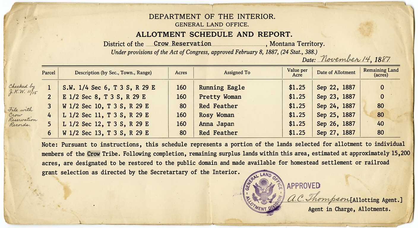 1887-style U.S. allotment schedule showing land parcels, acres, and remaining surplus land slated for settlement.