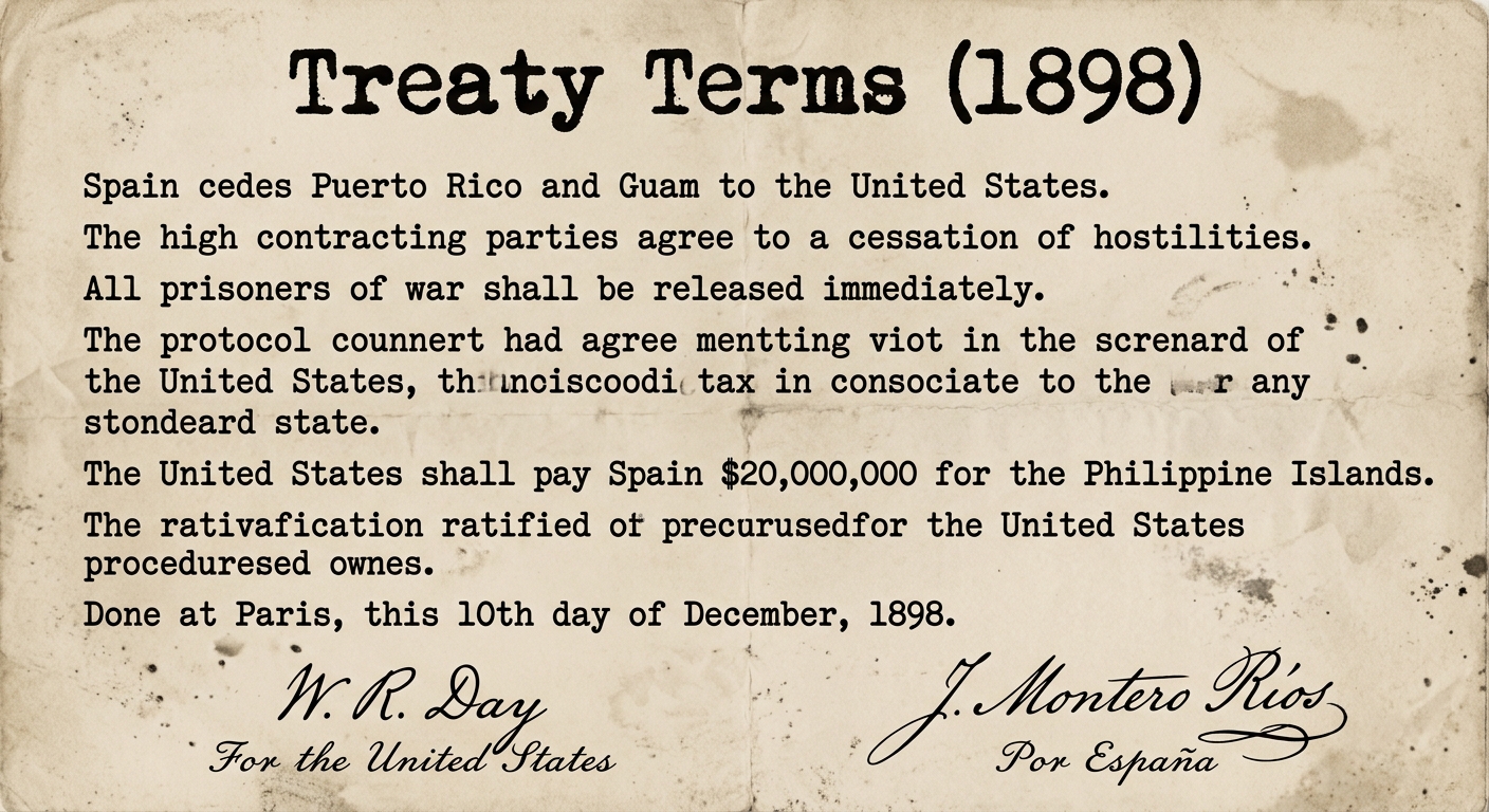 Sepia-toned treaty-style document excerpt dated 1898 stating Spain cedes Puerto Rico and Guam and the United States pays $20,000,000 for the Philippine Islands, with signature lines at the bottom.